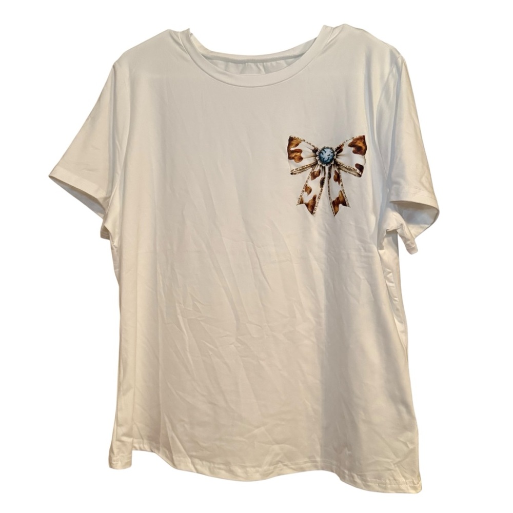 SHEIN Howdy Cow Print Bow White Short Sleeve Tee Size XXL(14)